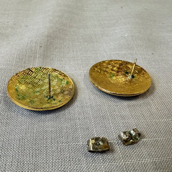 Vintage Cloisonne White, Black, and Gold Lotus Round Earrings - Picture 3 of 9